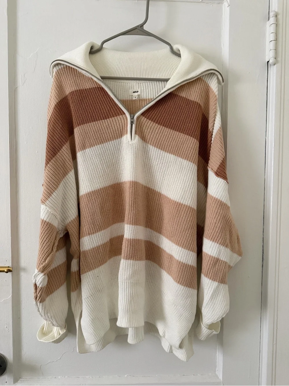 Aerie Sweater |Oversized Striped Half-Zip Sweater in Cream & Tan | Size M/Medium